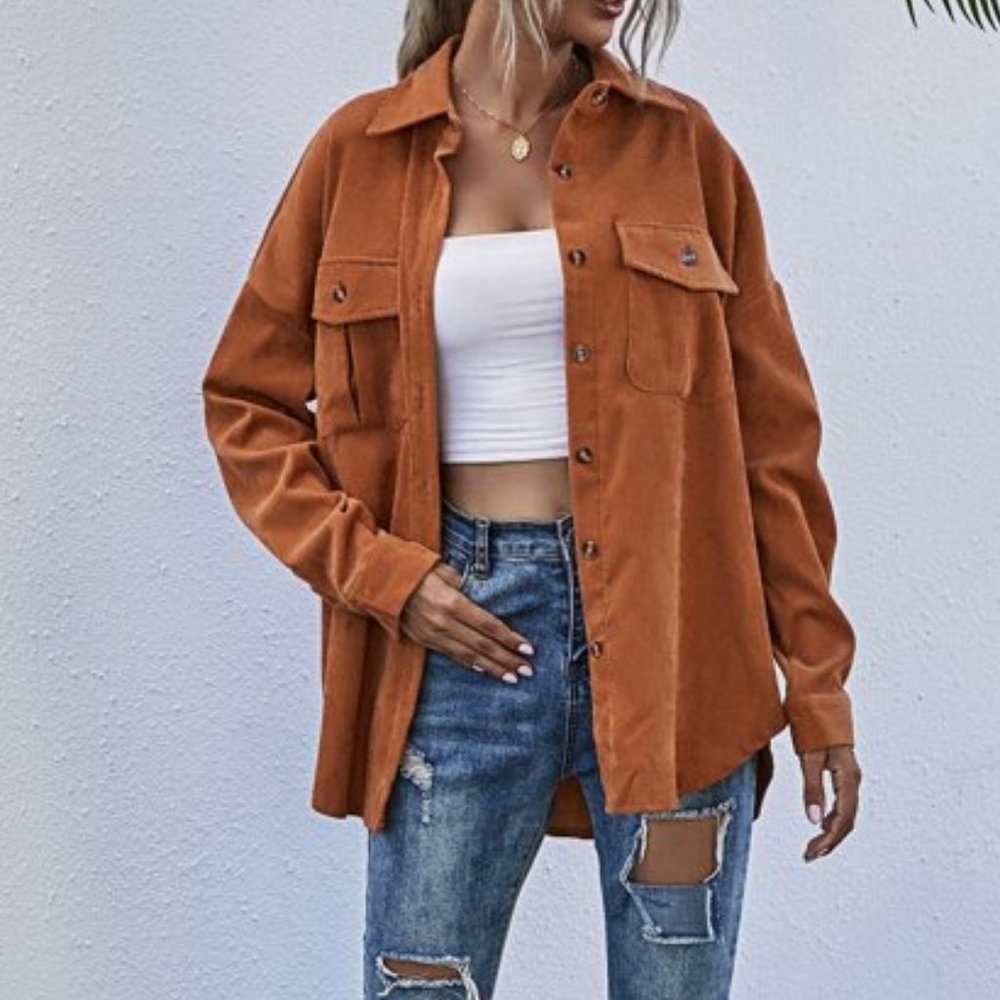 RUSTY BROWN CORDUROY BUTTON DOWN SHACKET FALL WINT